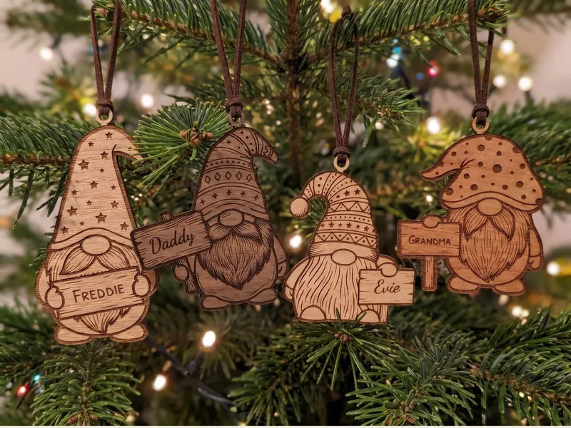 Four wooden gonk decorations hanging on a Christmas tree