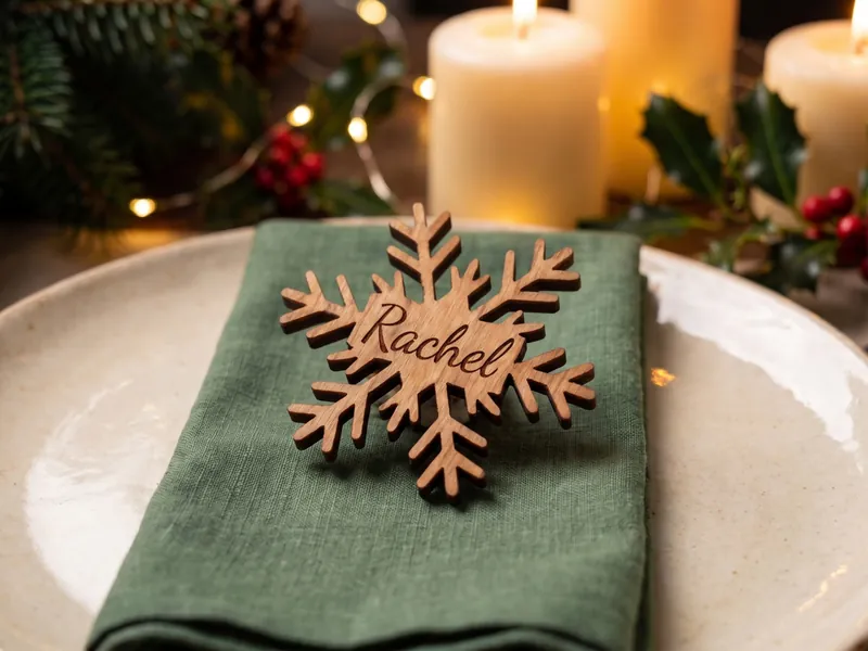 Wooden snowflake place name engraved with Rachel, on a green napkin