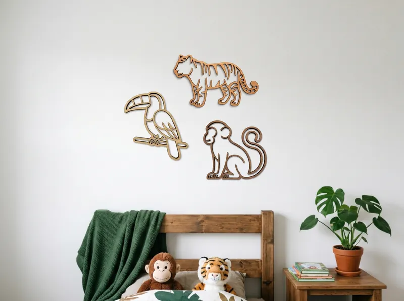 Wooden tiger, toucan and monkey on a child's bedroom wall