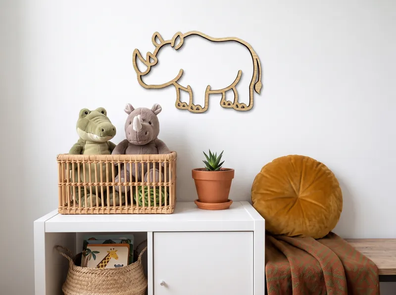 English Oak rhino wall art on a child's bedroom wall