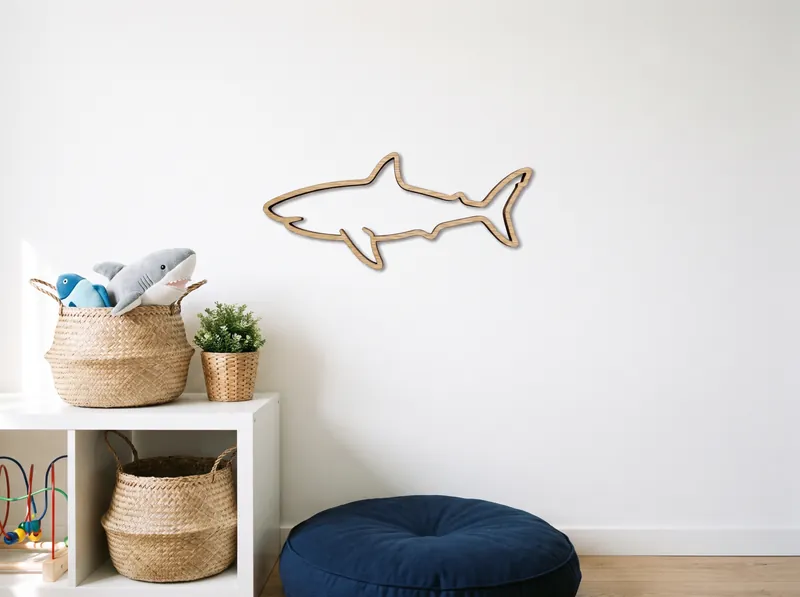 English Oak shark wall art on a child's bedroom wall