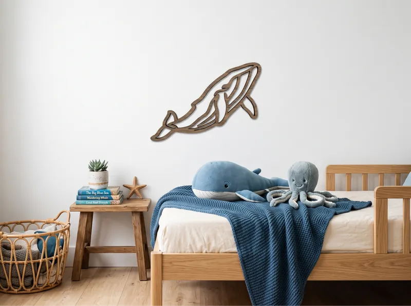 American Walnut whale wall art on a child's bedroom wall